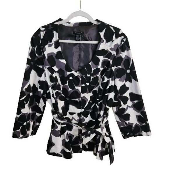 Sandro Sportswear Stunning Black White Floral 3/4 Sleeve Belted Jacket Size XL - Picture 1 of 4